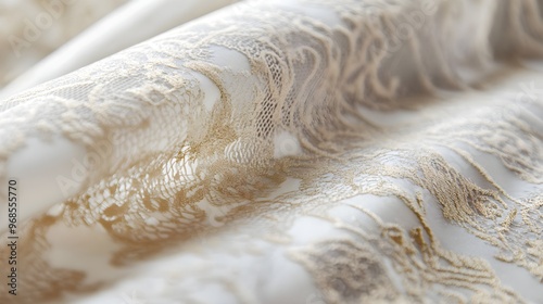 Elegant White Lace Fabric with Golden Embroidery Texture