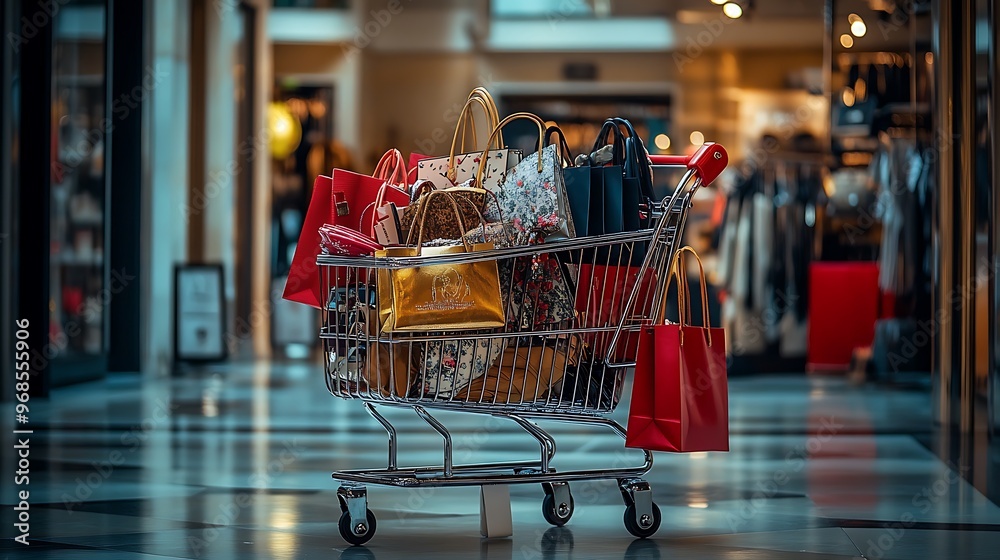 A shopping cart stuffed with fashionable outfits, shoes, and luxury accessories, stylish bags and clothes spilling over the edges, a busy boutique with elegant decor and sale signs in the background, A shopping cart stuffed with fashionable outfits, shoes, and luxury accessories, stylish bags and clothes spilling over the edges, a busy boutique with elegant decor and sale signs in the background,