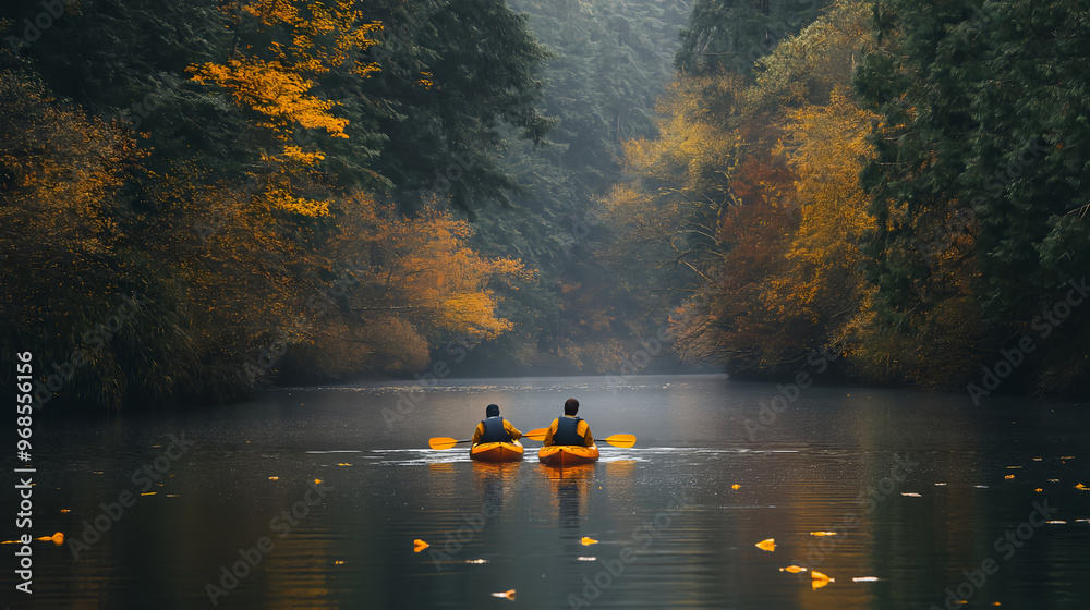 two people paddle kayaks through a beautiful river as autumn begins two people paddle kayaks through a beautiful river as autumn begins