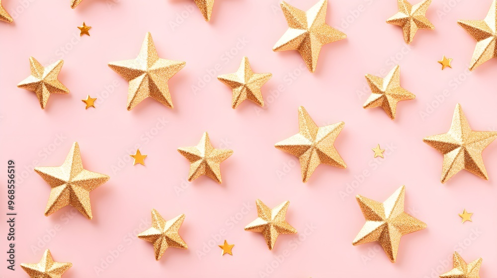 Obraz premium Gold Glitter Stars on Pink Background Festive Decoration Holiday Decor Christmas Ornament