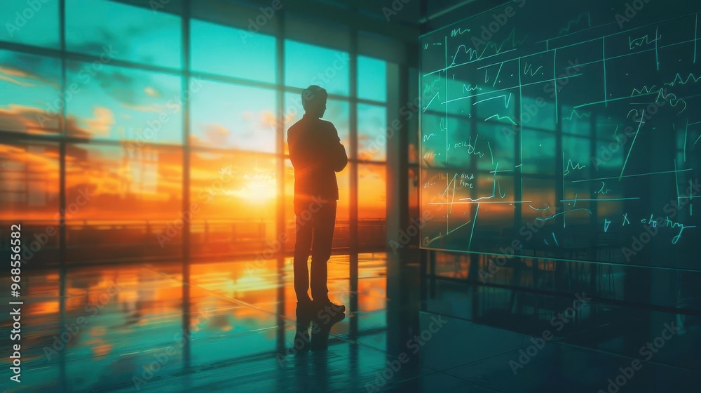 A silhouette of a man standing by a glass window, watching a vibrant sunset, blending nature with professional ambiance. A silhouette of a man standing by a glass window, watching a vibrant sunset, blending nature with professional ambiance.