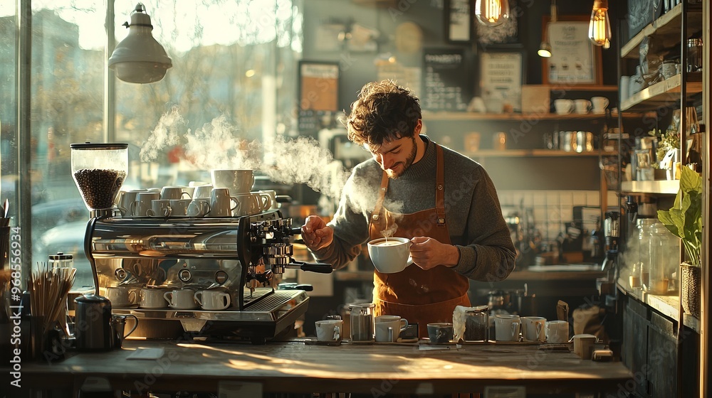 Barista preparing a fresh cup of coffee in a cozy, sunlit café Barista preparing a fresh cup of coffee in a cozy, sunlit café