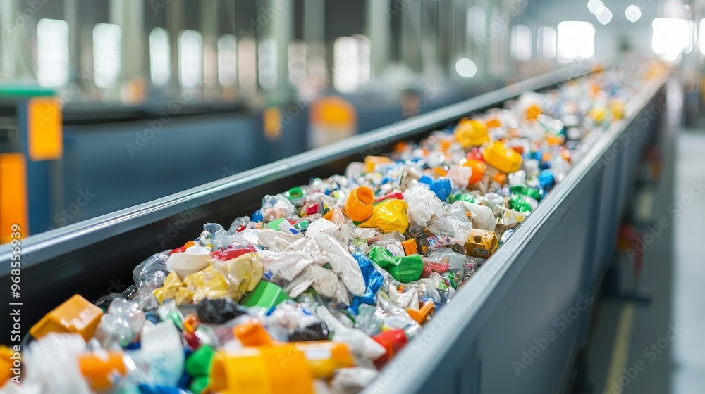 Plastic waste moves along a conveyor belt in a recycling facility. Plastic waste moves along a conveyor belt in a recycling facility.