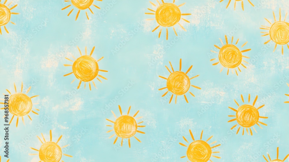 Child s Drawing Sun Pattern Blue Background Child s Drawing Sun Pattern Blue Background
