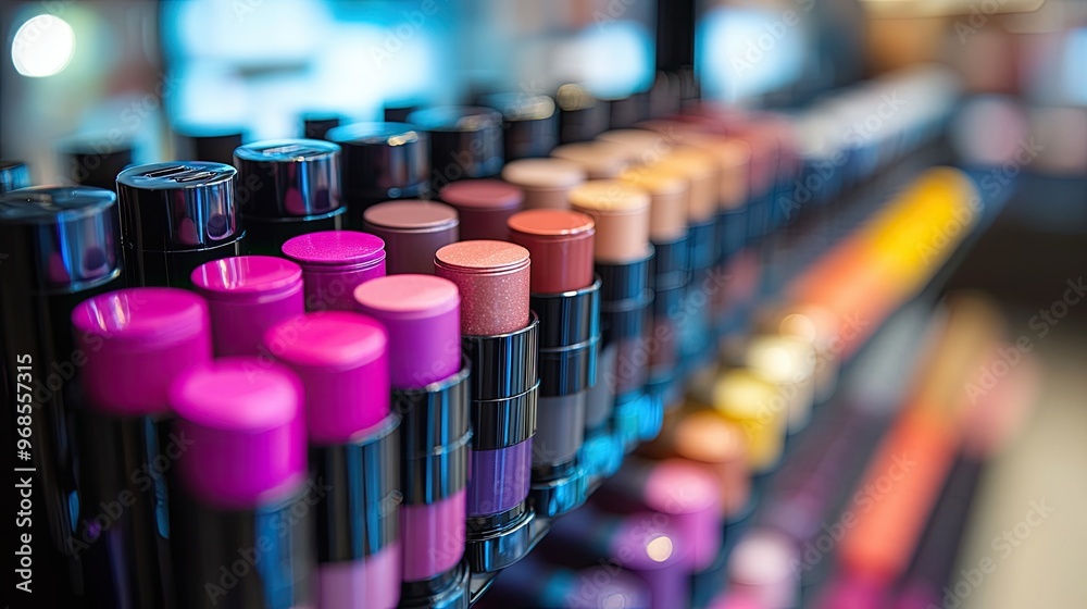Obraz premium 19. A vibrant cosmetics display featuring matte lipsticks, glowing blushes, and moisturizing foundations, emphasizing a smooth and flawless finish for natural beauty