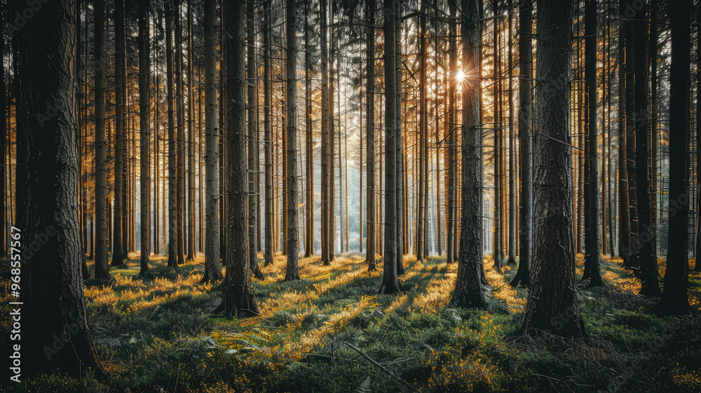 Forest background with tall pine trees and sunlight filtering through Forest background with tall pine trees and sunlight filtering through
