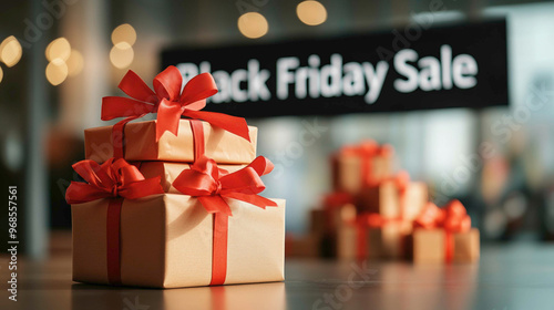 Stack of gift boxes wrapped in red ribbons, set against a festive backdrop with glowing lights and a bold 'Black Friday Sale' sign in the background, emphasizing discounts and holiday shopping deals.