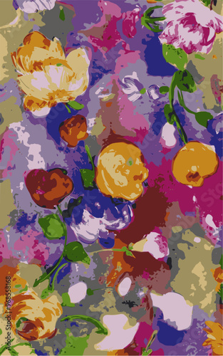 Abstract watercolor painting featuring colorful flowers on a blended background. ideal for spring or summer designs.