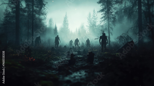 A 3D render of undead rising from shallow graves in a dark forest clearing at night, with a faint mist swirling around their decaying bodies.