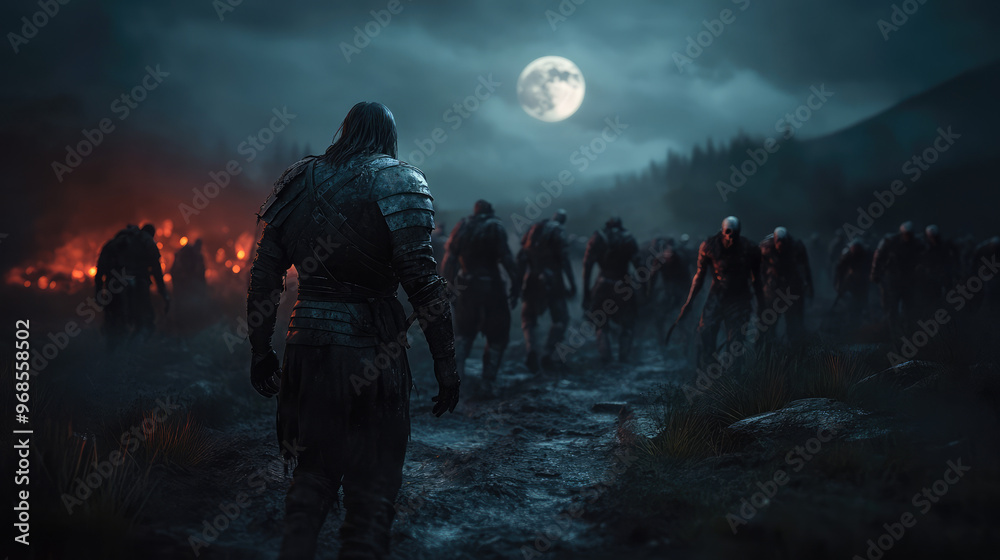 A 3D render of undead soldiers marching through a battlefield at night, their armor clanking in the cold, moonlit air as they rise from the ground. A 3D render of undead soldiers marching through a battlefield at night, their armor clanking in the cold, moonlit air as they rise from the ground.