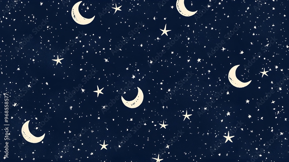 Naklejka premium Night Sky Stars and Moon Seamless Pattern