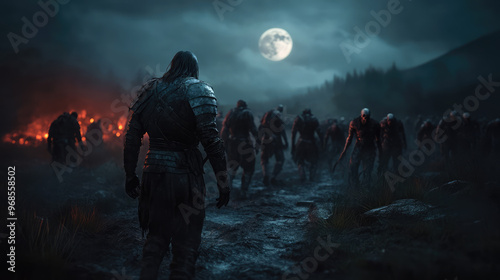 A 3D render of undead soldiers marching through a battlefield at night, their armor clanking in the cold, moonlit air as they rise from the ground. photo