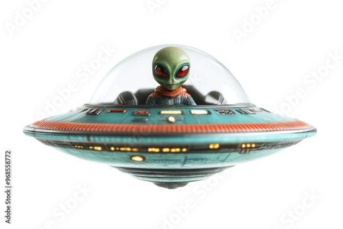 Green alien inside spaceship in shape of flying saucer isolated on white background. Alien piloting UFO. Extraterrestrial life and interstellar travel photo