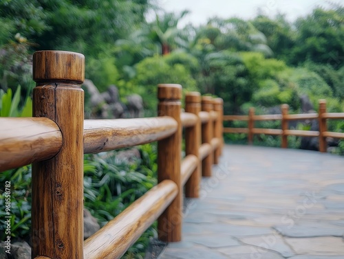 A wooden fence with three rails lines a paved pathway through a lush green garden.