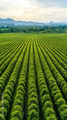 Aerial view of a vast, verdant field of crops stretching towards distant mountains.