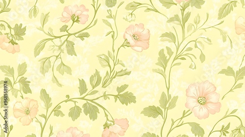 Wallpaper Mural Floral Pattern  Yellow Background Pink Flowers Green Leaves Torontodigital.ca