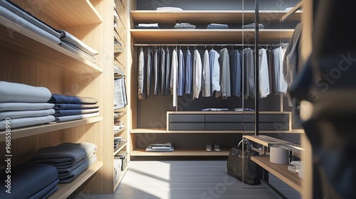 Well Organized Wooden Wardrobe Interior with Hanging Clothes and Shelves in Minimalist Bedroom photo