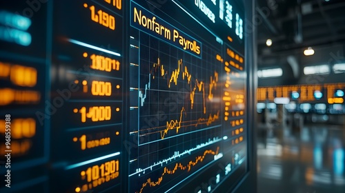 Economic Data Dashboard, vibrant orange displays present crucial nonfarm payroll statistics amidst a modern trading environment, signaling market trends and decisions. photo