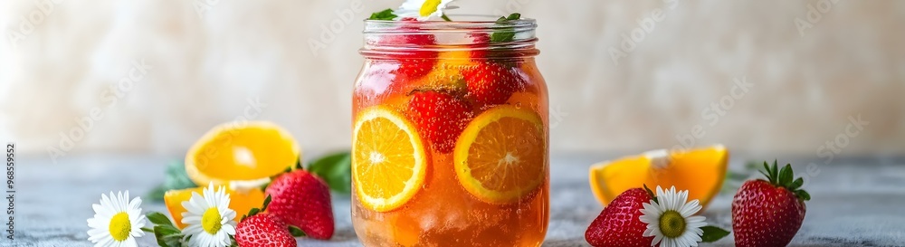 Refreshing summer drink with vibrant strawberries and oranges, garnished with mint and daisies, showcasing a burst of color and flavor in a glass jar. Refreshing summer drink with vibrant strawberries and oranges, garnished with mint and daisies, showcasing a burst of color and flavor in a glass jar.