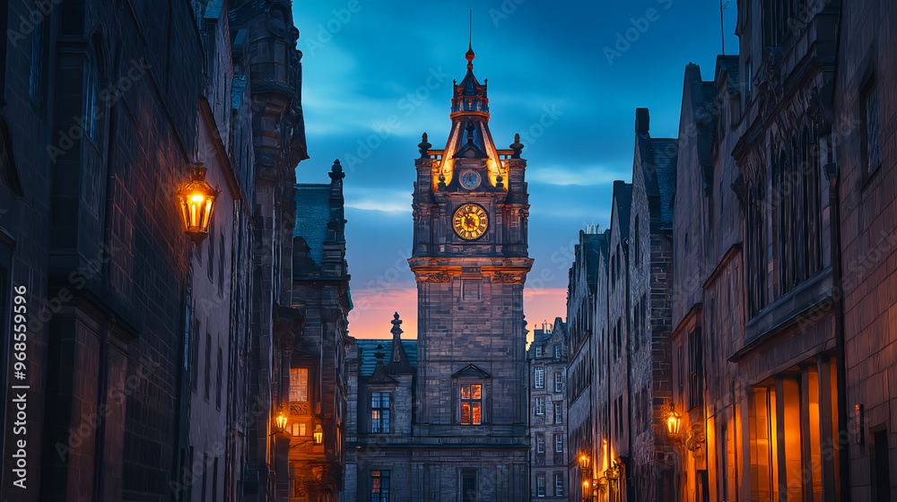 Fototapeta premium exterior of a beautiful european cathedral with a clock on it during the evening
