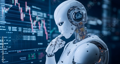 Advanced AI robot analyzing stock market data on a digital screen, showcasing artificial intelligence in trading, financial analysis, and decision-making technology