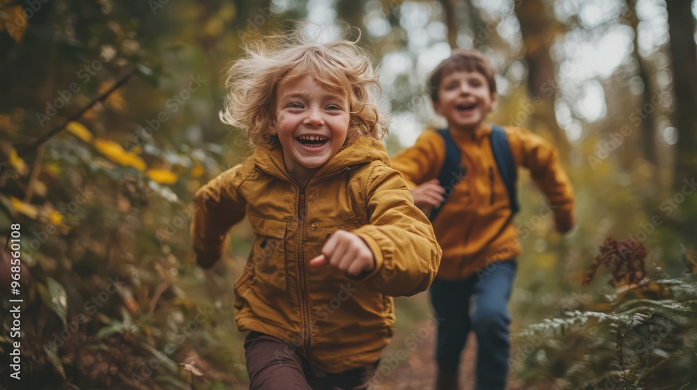 Kids playing in the forest, running between trees, laughing and exploring wonders, fully immersed in outdoor adventure Kids playing in the forest, running between trees, laughing and exploring wonders, fully immersed in outdoor adventure