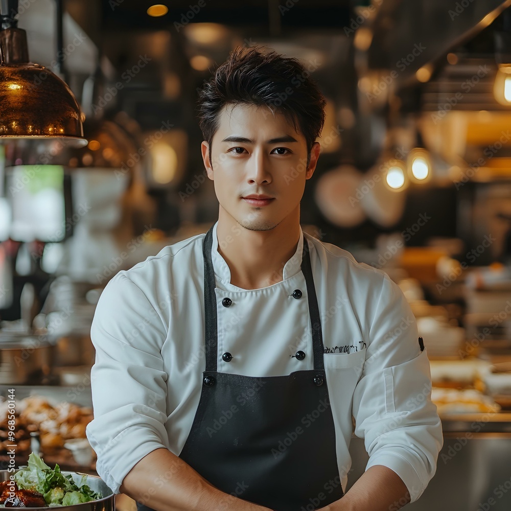 Fototapeta premium Chef confidently stands in a bustling kitchen, surrounded by culinary creations, embodying professionalism and passion for exquisite cooking.
