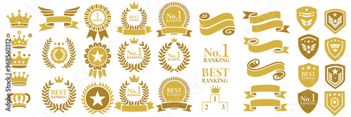 Gold Medal and Laurel Wreath Illustration with Vintage Frames, Shields, and Crowns for Championship, Awards, and Leadership Achievements - Trophy and Rank Design Elements Collection
