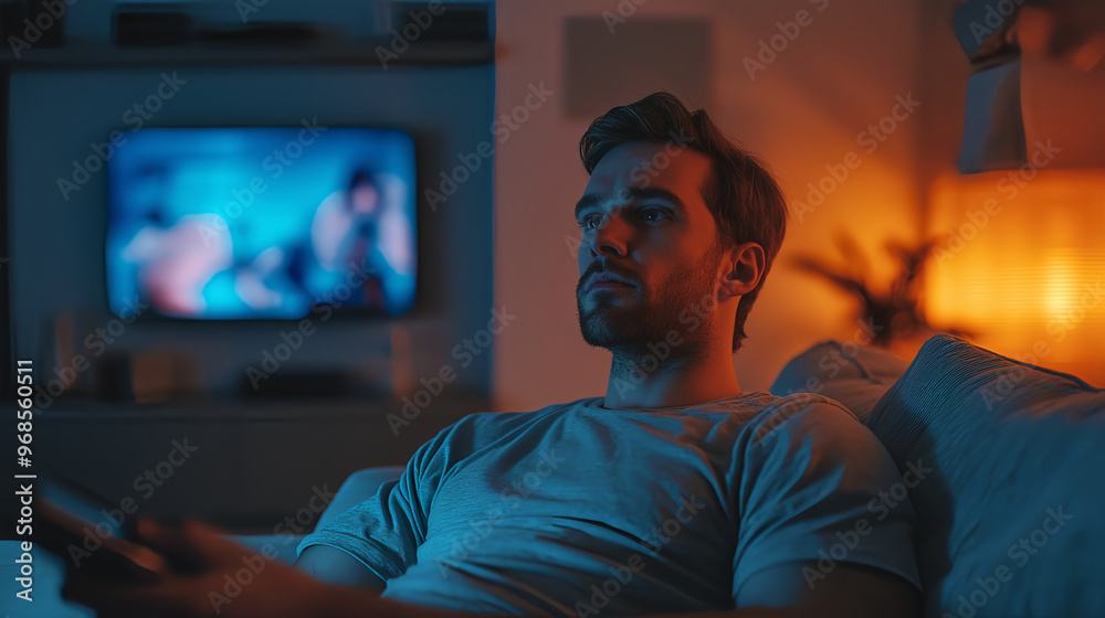 a man sits on a couch holding a remote, switching tv channels to find something interesting to watch a man sits on a couch holding a remote, switching tv channels to find something interesting to watch