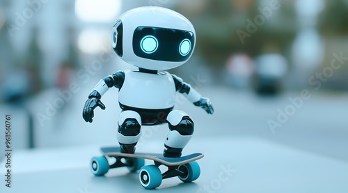 Adorable futuristic robot riding a skateboard in an urban setting, blending technology, playfulness, and modern robotics with a fun and whimsical vibe