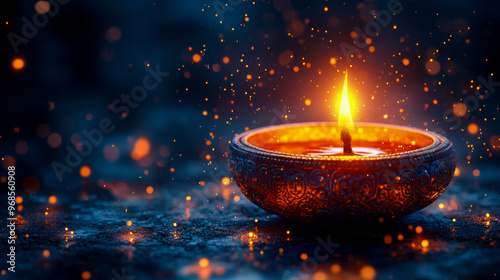 Lit divali diya with intricate design casting warm light amidst sparkles on a dark, atmospheric background