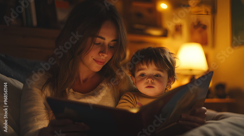 a mother reads a bedtime story to her child in a dark, warm bedroom