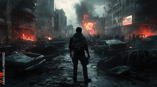 A man stands in the middle of a city street with a lot of destruction around him