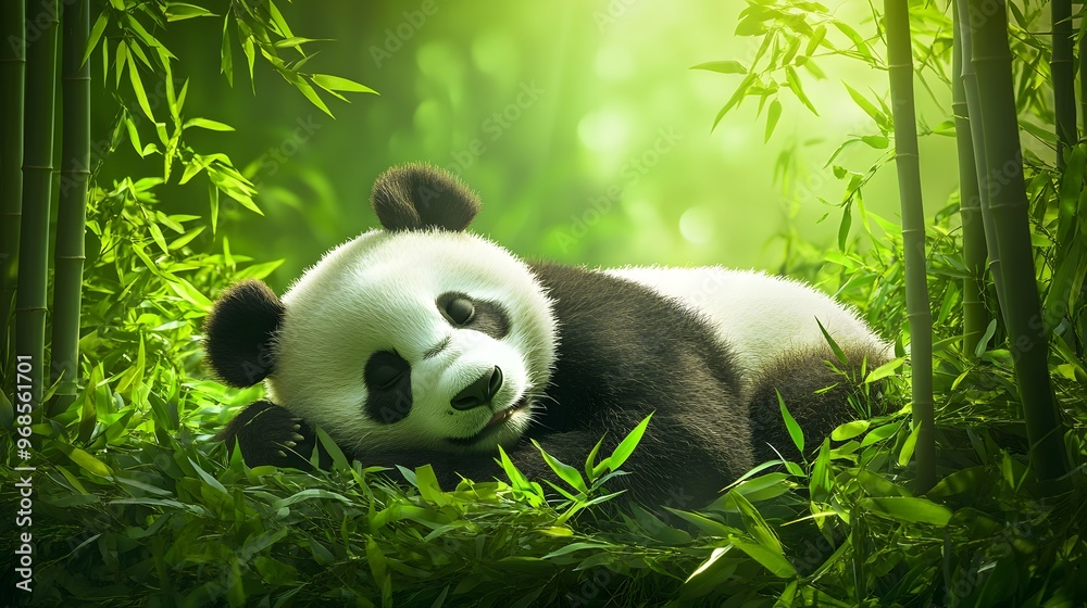 A sleepy panda bear resting in a bamboo forest on a sunny day A sleepy panda bear resting in a bamboo forest on a sunny day