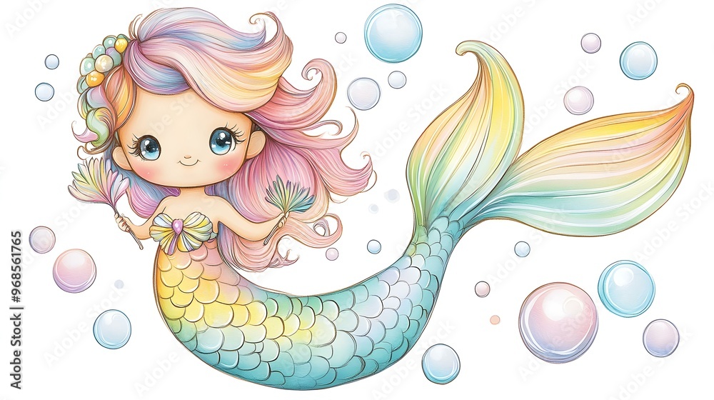 Obraz premium Whimsical Mermaid, a cheerful mermaid with rainbow hair and a shimmering tail, playfully surrounded by colorful bubbles, evokes a sense of magic and fantasy.
