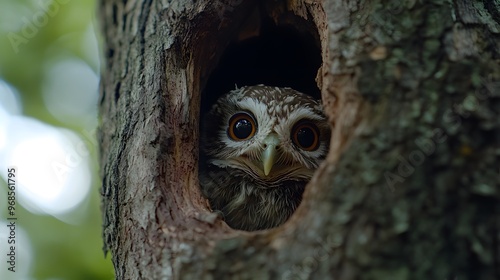 A curious baby owl peeking out from a tree hollow in a forest