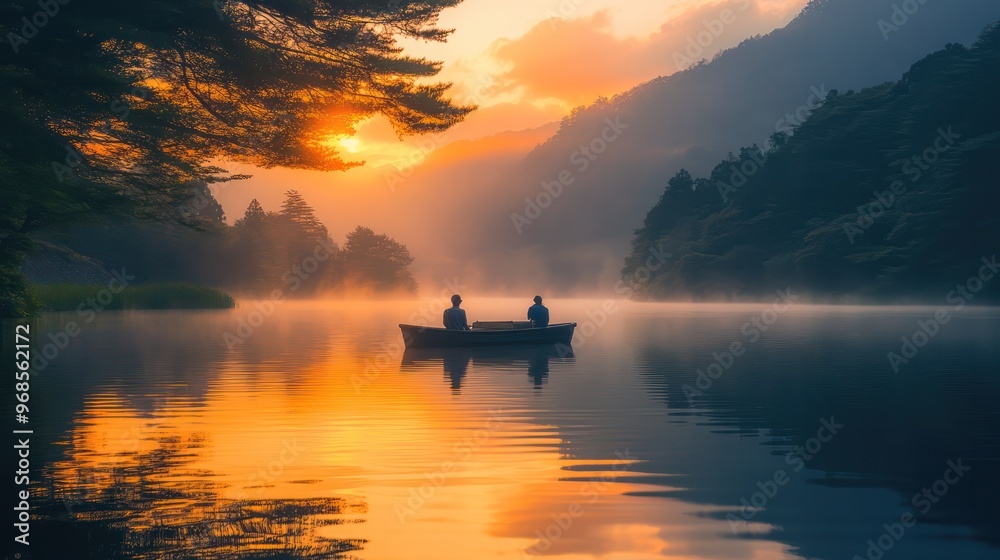 A couple enjoying a sunset boat ride on a calm lake, surrounded by the beauty of Japanese nature and reflecting water. A couple enjoying a sunset boat ride on a calm lake, surrounded by the beauty of Japanese nature and reflecting water.