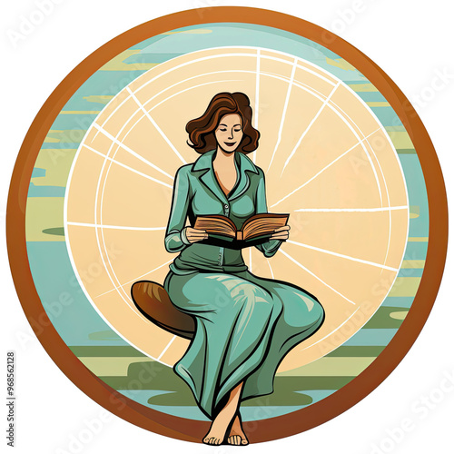 An illustration of a woman reading a book within a circle