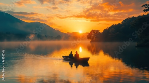 A couple enjoying a sunset boat ride on a calm lake, surrounded by the beauty of Japanese nature and reflecting water.