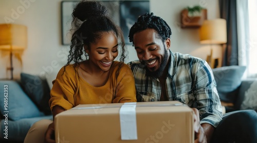 A couple in their living room tapes up a moving box with smooth, even tape, reflecting on their positive feelings about the move ahead