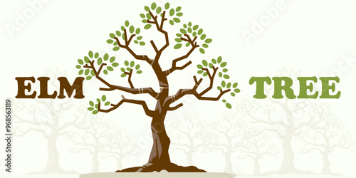 Elm Tree Illustration on White Background | Realistic Woodland Scene with Autumn Leaves and Foliage | Botanical Nature Banner and Wallpaper Design
