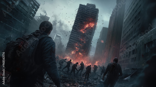 A group of people are running through a city in a post-apocalyptic world