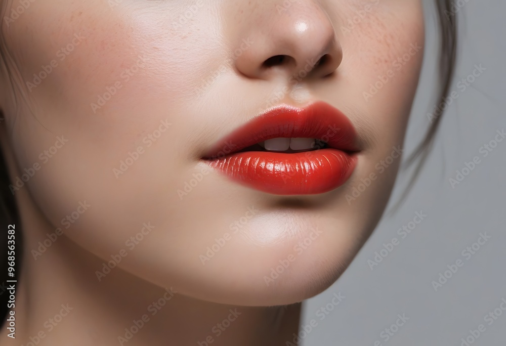 The macro photo of the closed female mouth. Chubby lips with red lipstick show a fashionable make-up and increase in lips. Cosmetology, Spa, cosmetics
The macro photo of the closed female mouth. Chubby lips with red lipstick show a fashionable make-up and increase in lips. Cosmetology, Spa, cosmetics