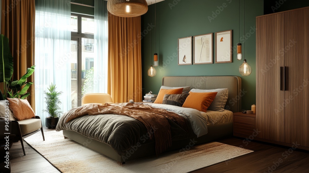 Fototapeta premium A chic bedroom featuring a comfortable bed and a wooden cabinet