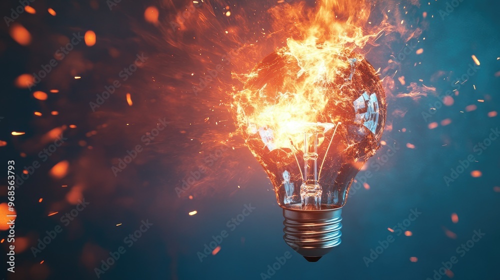 A 3D-rendered light bulb shattering with flames bursting outward, set against a bold blue background for a dynamic visual. A 3D-rendered light bulb shattering with flames bursting outward, set against a bold blue background for a dynamic visual.