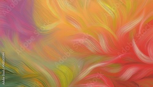 Vibrant abstract composition resembling flowing feather textures in warm hues of pink, orange, and yellow, creating a dynamic visual effect.