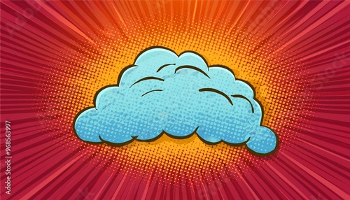 Blue comic-style cloud with a vibrant red and yellow pop art background, featuring halftone dots and radial lines. photo