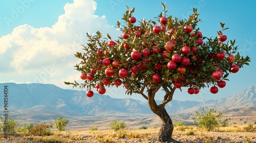 Red pomegranate tree full of fruit with mountains in the background photo