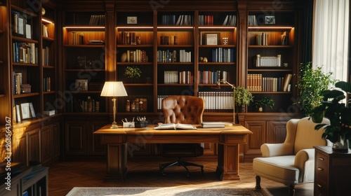 A cozy, elegant study room with a wooden desk, well-organized bookshelves, and a classic armchair, illuminated by warm, natural lighting