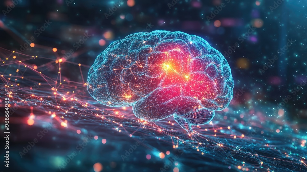 A glowing brain with colorful neural connections representing cognitive activity and mental development in a child's mind, futuristic visual concept A glowing brain with colorful neural connections representing cognitive activity and mental development in a child's mind, futuristic visual concept